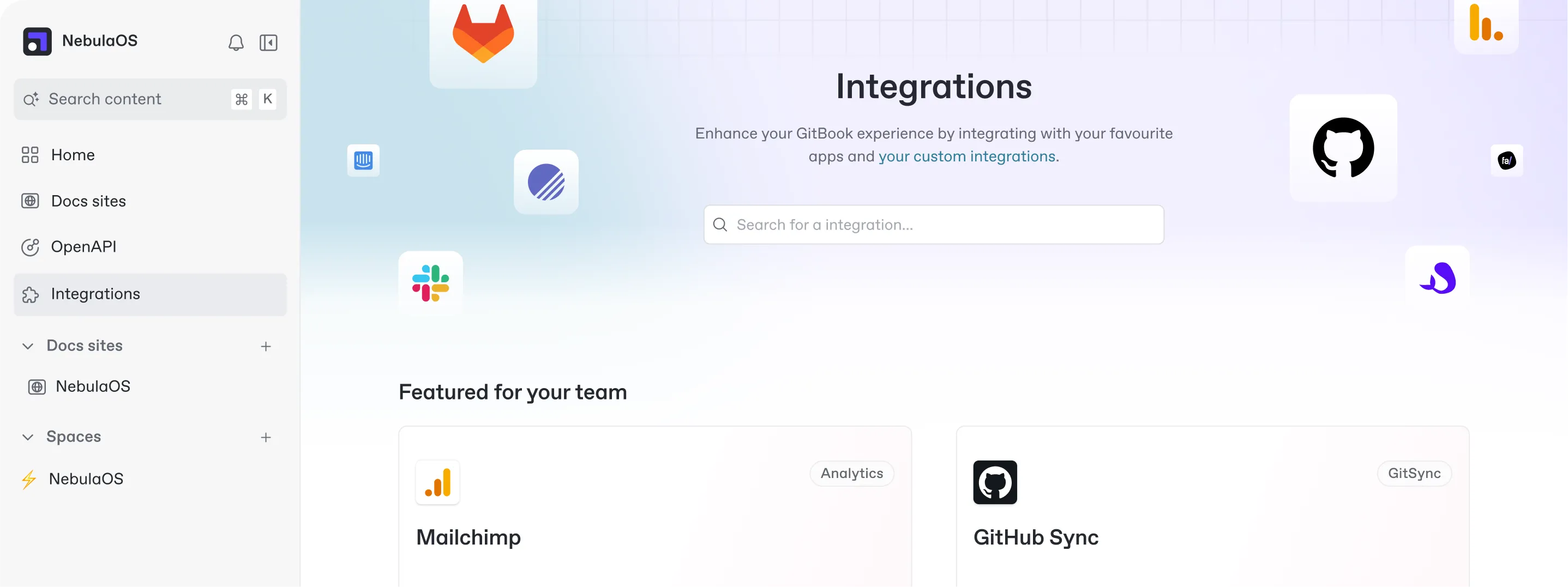A screenshot of the Integrations section in the GitBook app. The screen shows a prominent search bar on a background of integration icons — including GitHub, GitLab, Linear, Slack, Mermaid and more