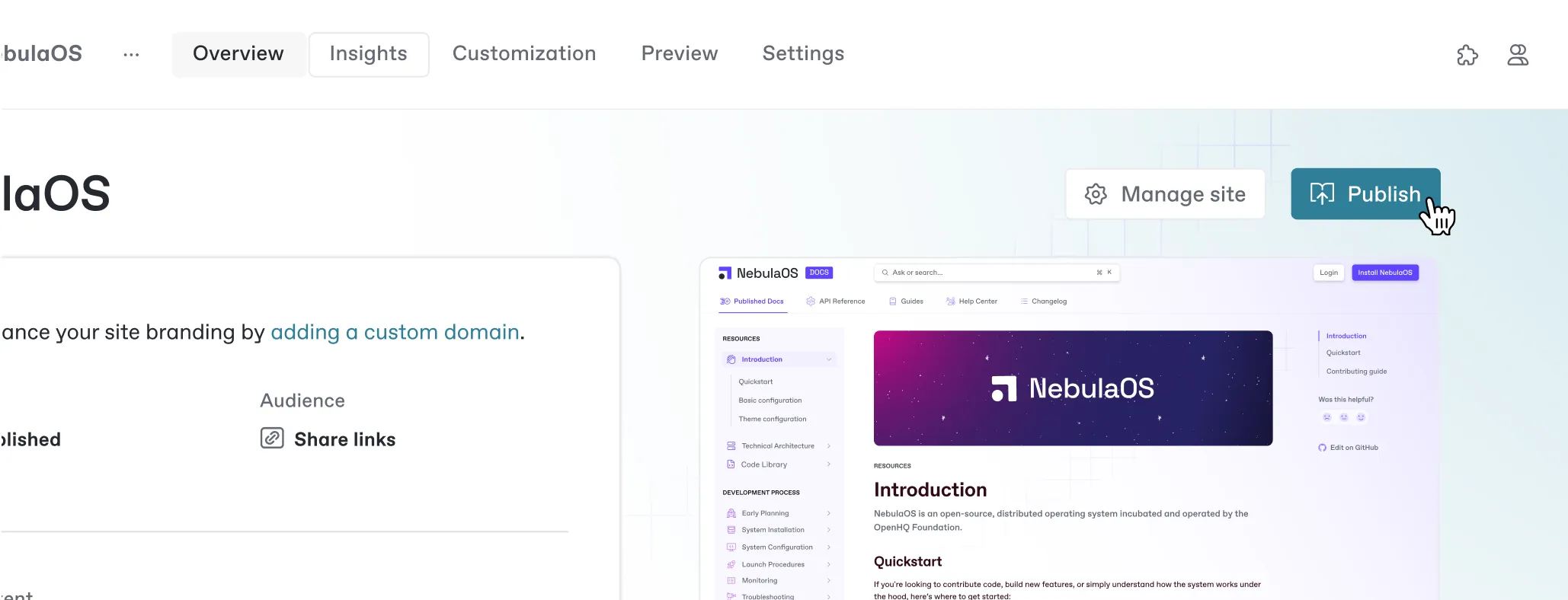 A screenshot showing how simple it is to publish a docs site in the GitBook app. The screen shows the site's dashboard in the app, which shows a preview of the site, information about the content and the audience, and quick access to customization, settings, analytics and more. a mouse pointer is hovering over the 'Publish' button