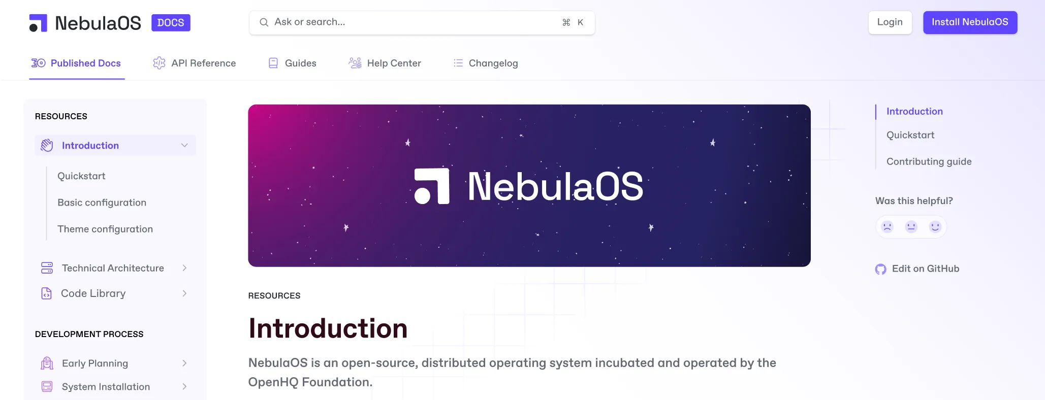 A screenshot showing NebulaOS documentation, with extensive customization to match the organization's branding — including custom colors, background, corners, icons, logo, buttons, header imagery and much more